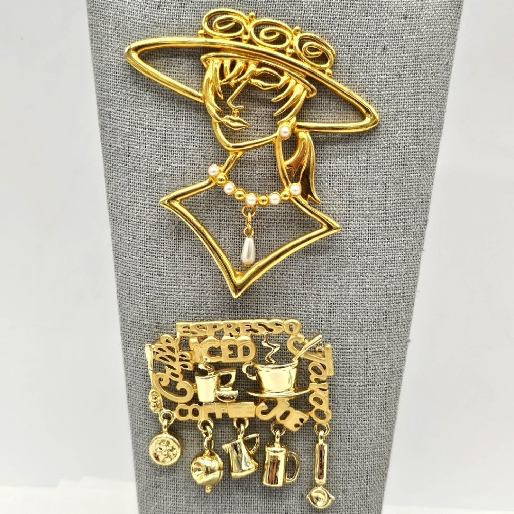 Vintage J.J. & Dancraft Signed Brooch Pin Lot Coffee Cups Joe Lady Wide Brim Hat